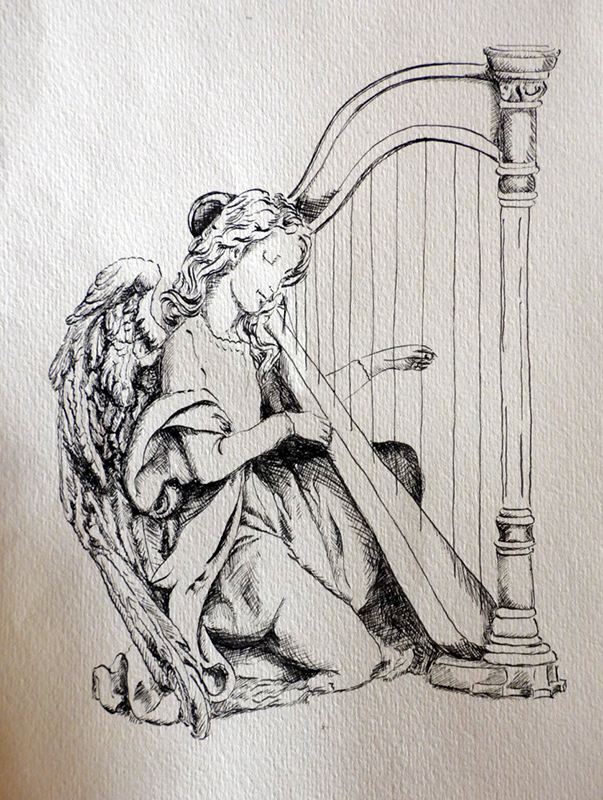 Gedicht von Goethe, der Harfner, Kalligrafie mit Federzeichnung, Spitzfederschrift, Illustration